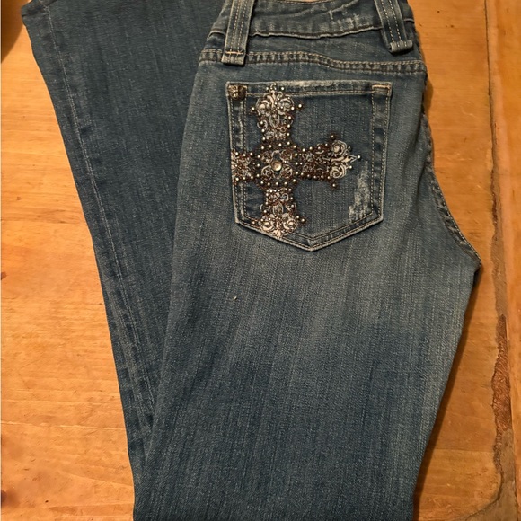 MISS ME Cross JEANS Distressed Embellished Embroidered Rhinestone 30 30 Low Rise - Picture 5 of 9